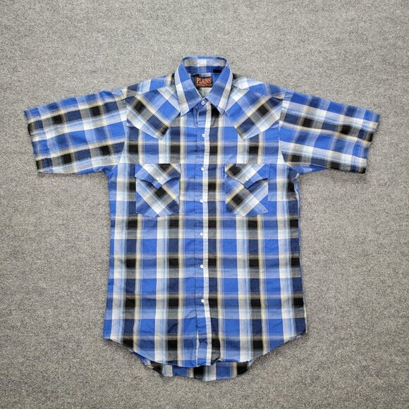 Plains Western Wear Shirt Mens Small‎ Blue Plaid Button Up Pearl Snap Cowboy - Picture 1 of 8